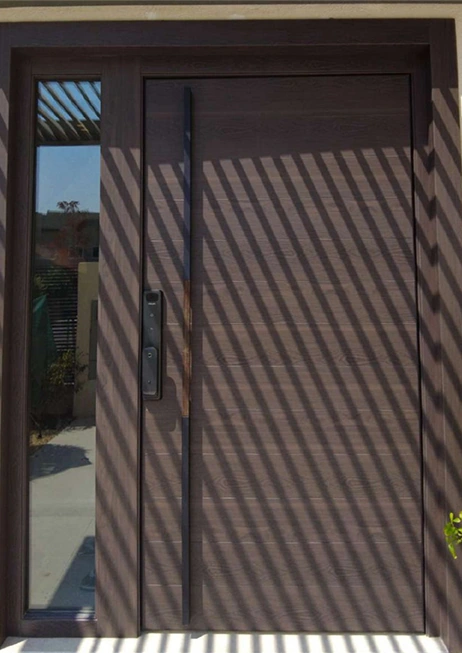 A dark entrance door paired with a narrow glazed sidelight.