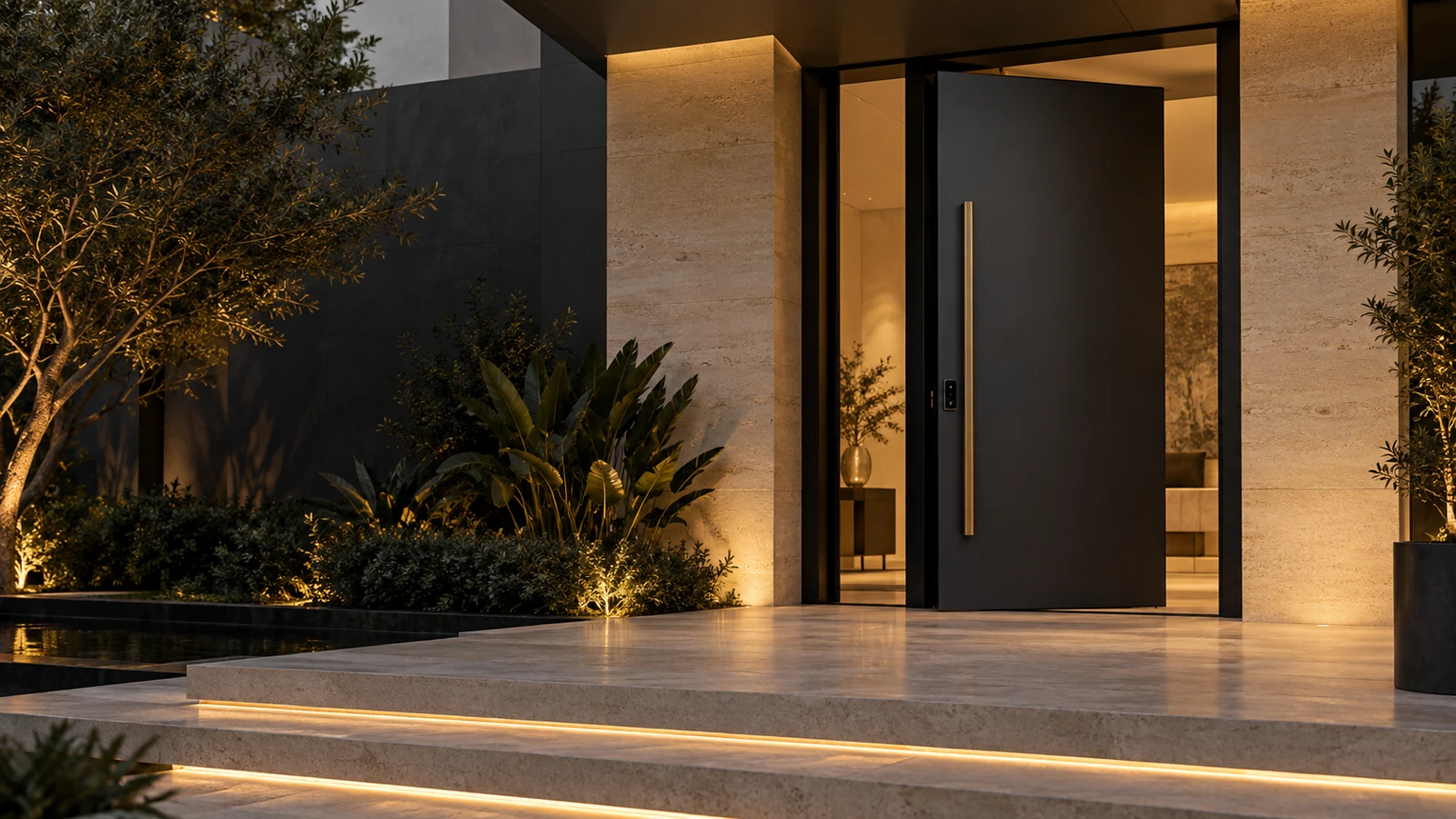 Architectural illustration of an aluminum pivot entrance at a contemporary UAE villa
